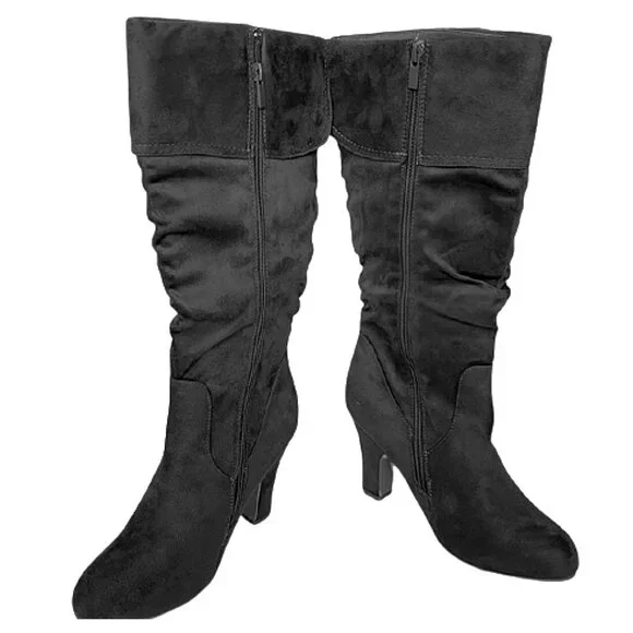 Women's Fold-Over Shaft Slouch Knee-High Suede Boots | Side Zip | Slim Heel - Picture 5 of 9